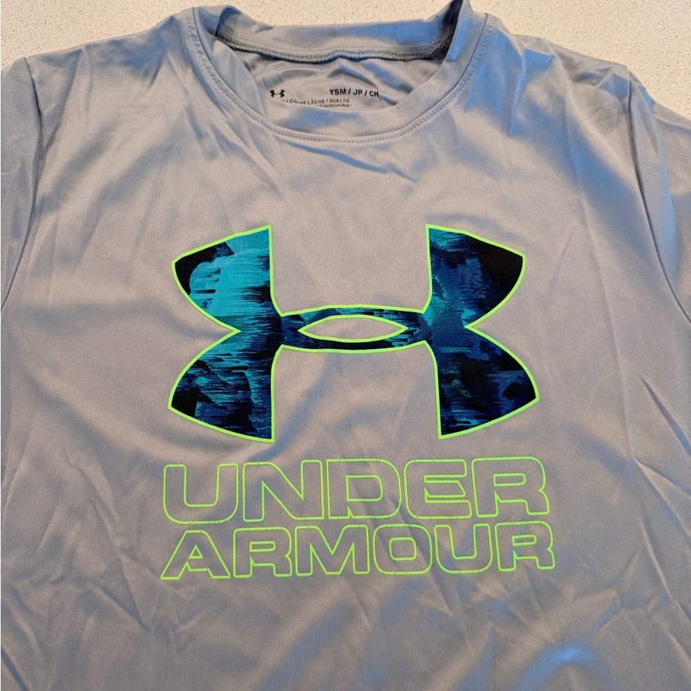 Under Armour Light Gray Tee with Blue and Green Logo